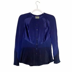 ZAC POSEN Silk Colorblock Button Blouse Top Contemporary Minimal Blue/Black Sz 6